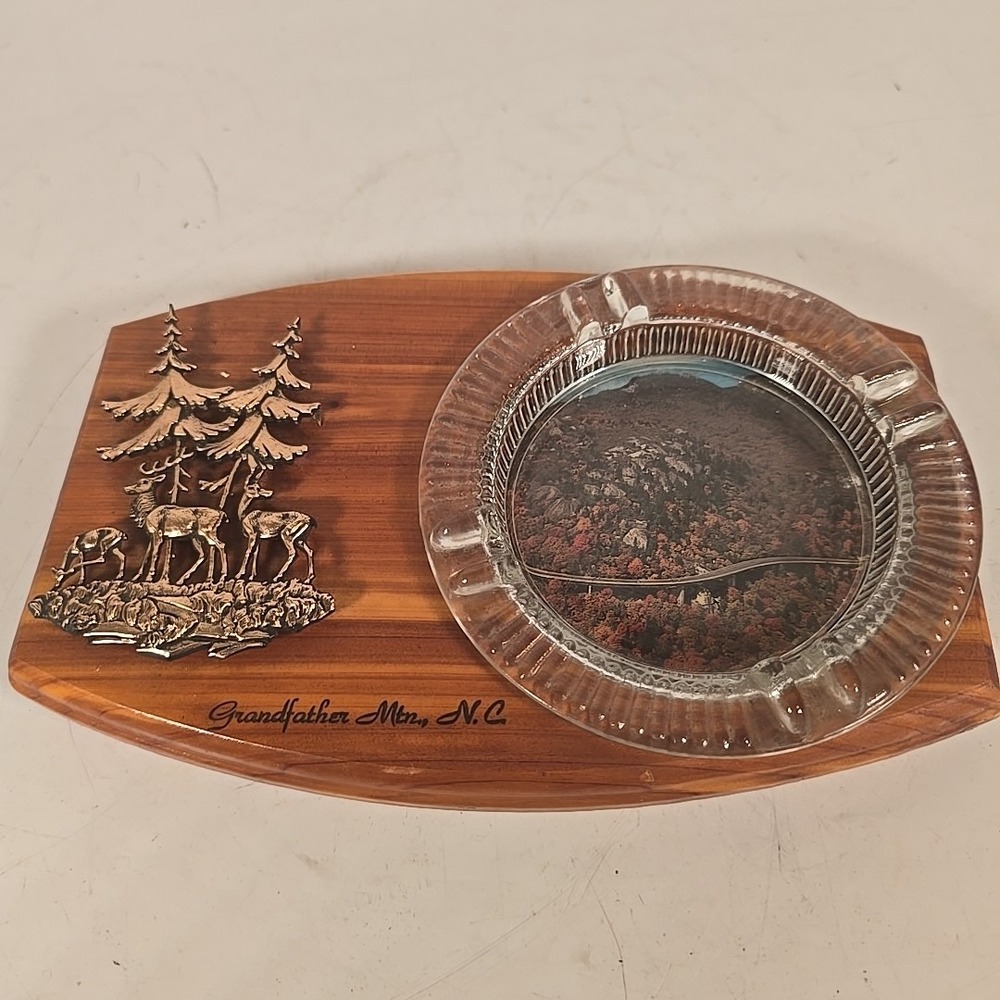 Grandfather Mtn North Carolina Wood with Glass Ashtray Souvenir